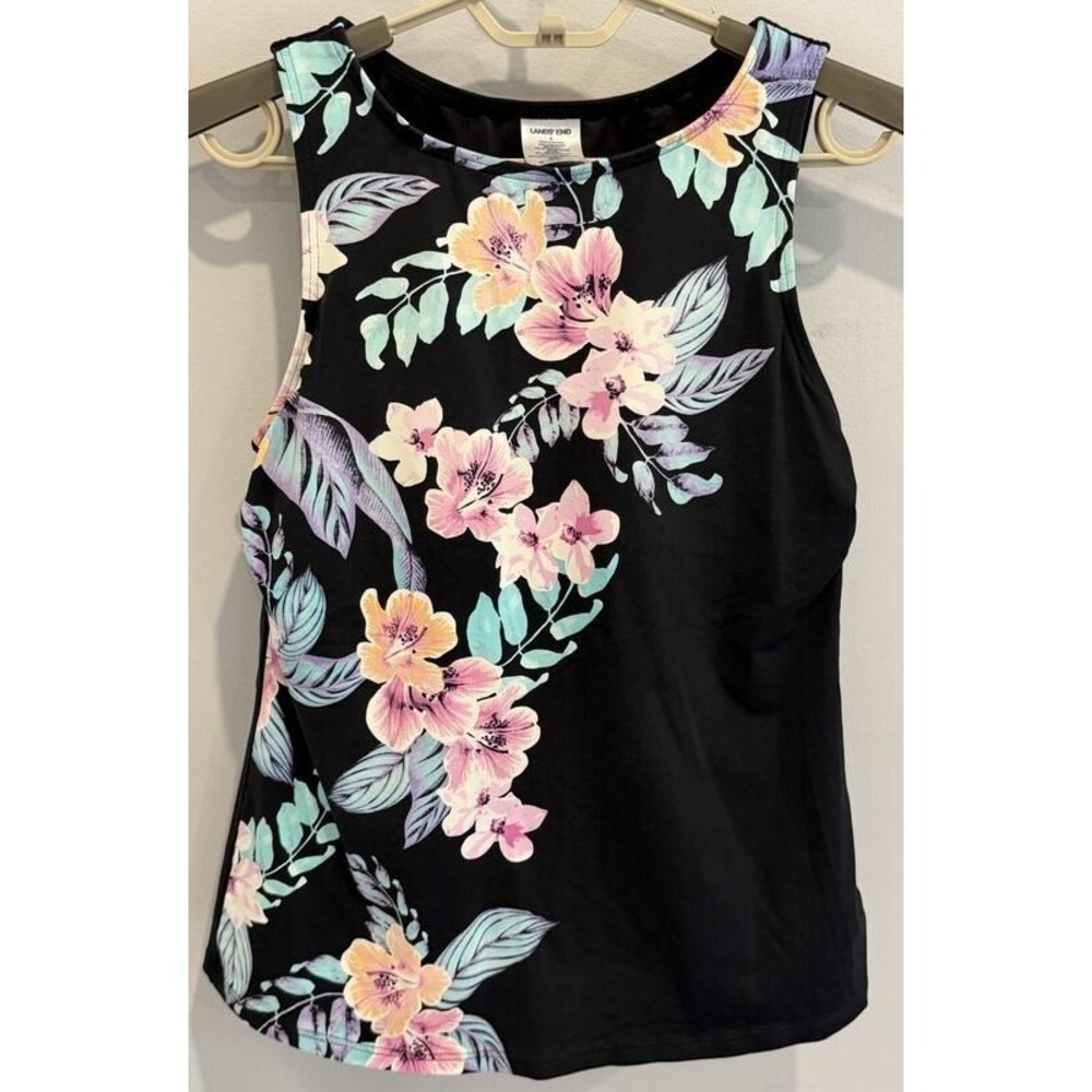 Lands End Modest Swimsuit Tankini Built In Shelf Bra Black Pink Blue Floral 8